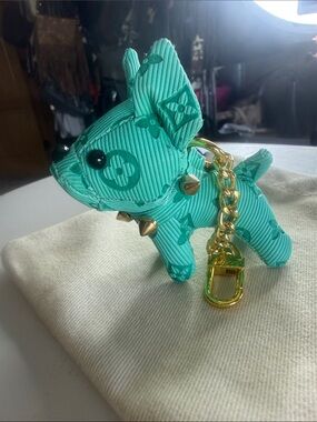 Mini Teal Puppy Keychain Charm with Gold studded collar & Chain